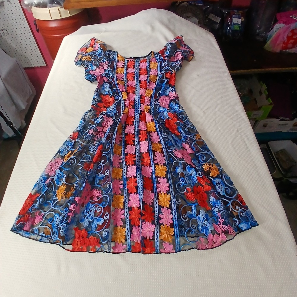 Floral Embroidered Lace Mesh Midi Dress Whimsical Fairycore Cottagecore - Picture 12 of 12
